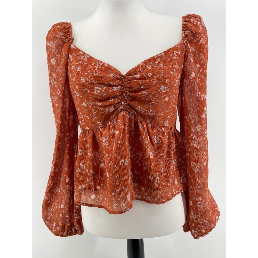 ASTR Floral Babydoll Top Womens Medium Burnt Orange Puff Sleeve Y2K Boho Cottage